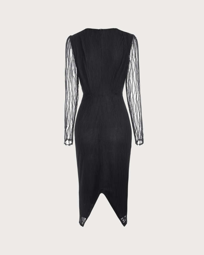 The Black V Neck Sheer Sleeve Lace Midi Dress
