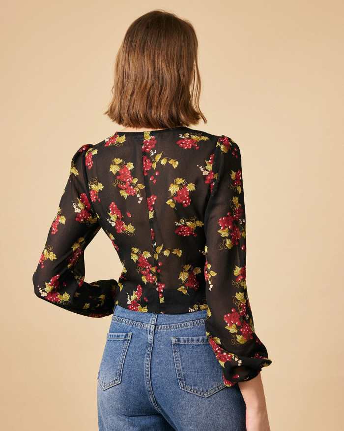 The V Neck See-Through Sleeve Floral Blouse