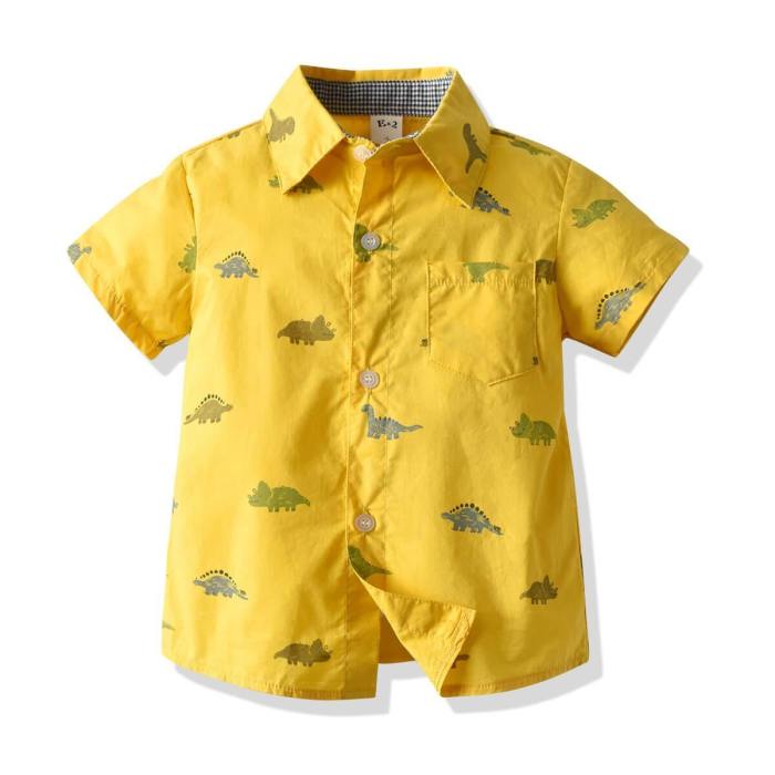 Boys Yellow Dinosaur Shirt With Bowtie And Blue Shorts 4-Set Suits