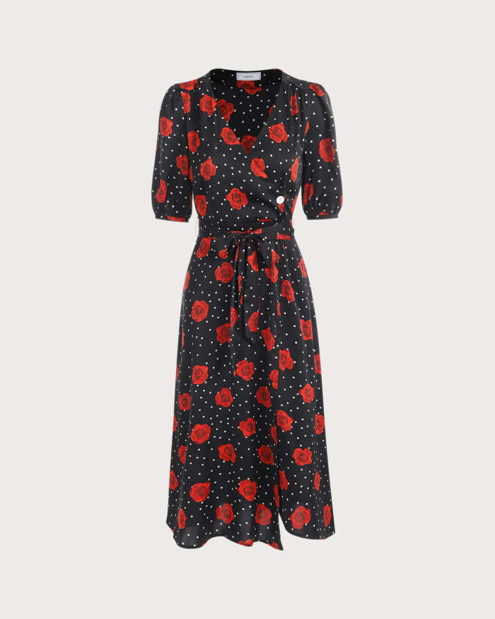 The V Neck Puff Sleeve Floral Wrap Midi Dress