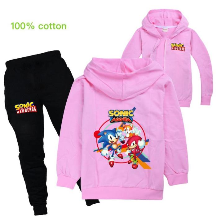 Sonic Mania Print Girls Boys Zip Up Cotton Hoodie And Jogger Pants Set
