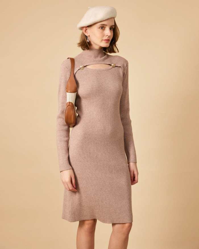 The Khaki Cutout Long Sleeve Knit Midi Dress