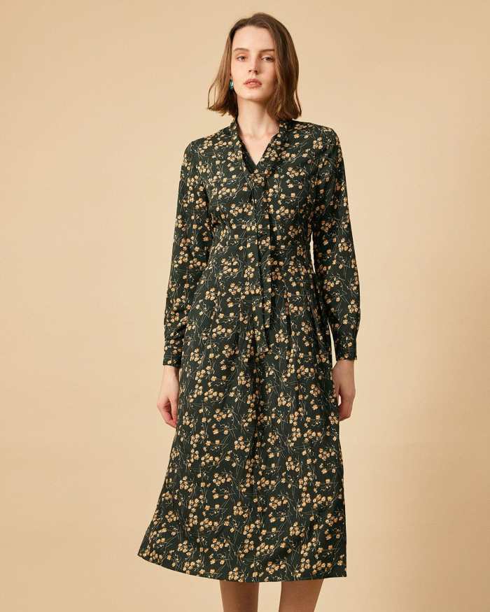 The Tie Neck Floral Long Sleeve Maxi Dress