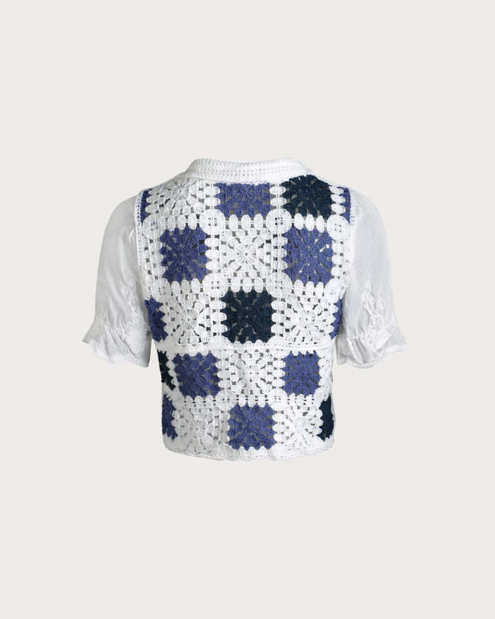 The Lapel Colorblock Short Sleeve Crochet Cardigan