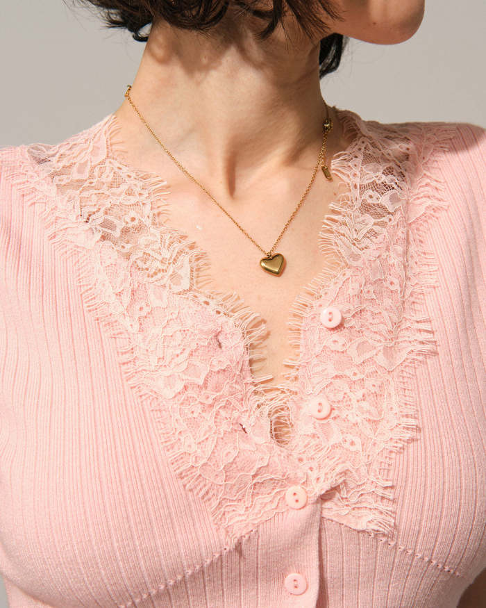 The Pink V Neck Lace Trim Knit Top