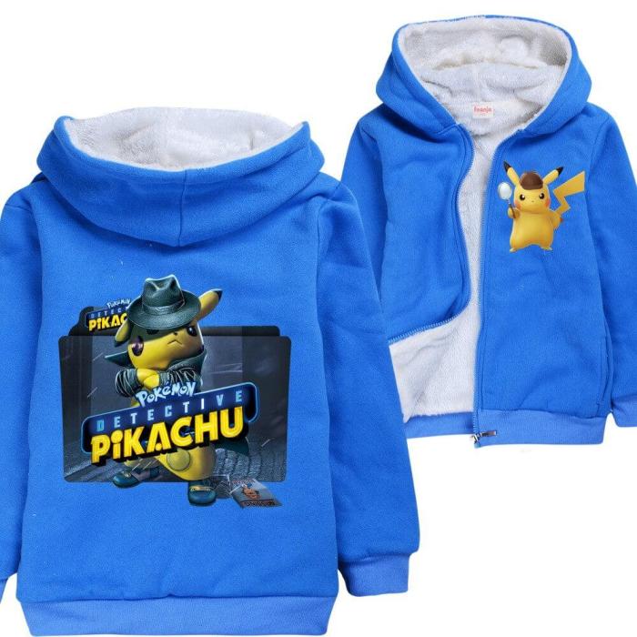 Pokemon Detective Pikachu Boys Blue Fleece Lined Zip Up Cotton Hoodie