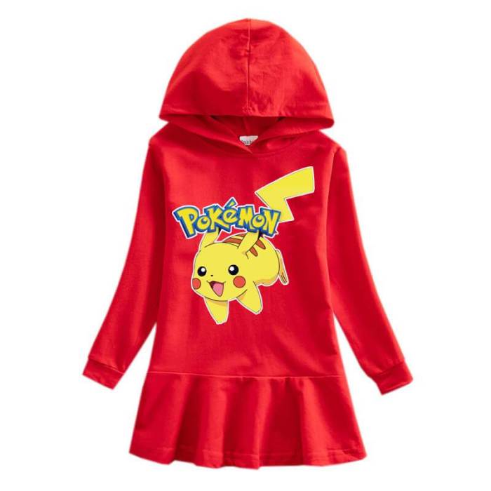 Girls Pikachu Print Long Sleeve Hooded Frill Cotton Sweatshirt Dress