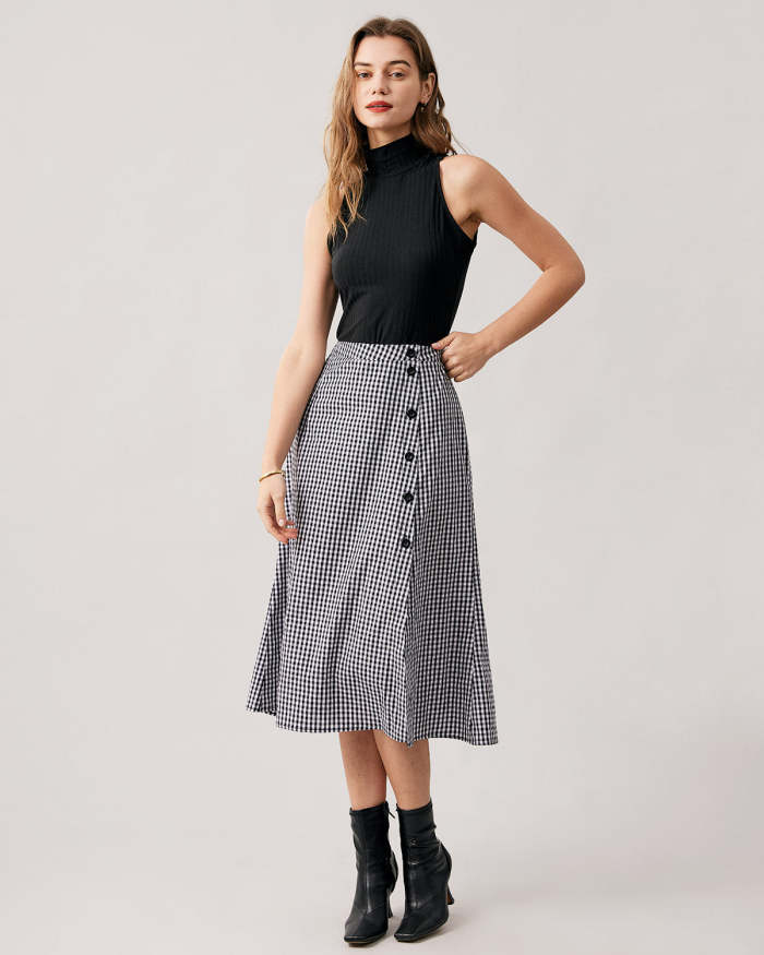 The Black High Waisted Plaid Slit Midi Skirt