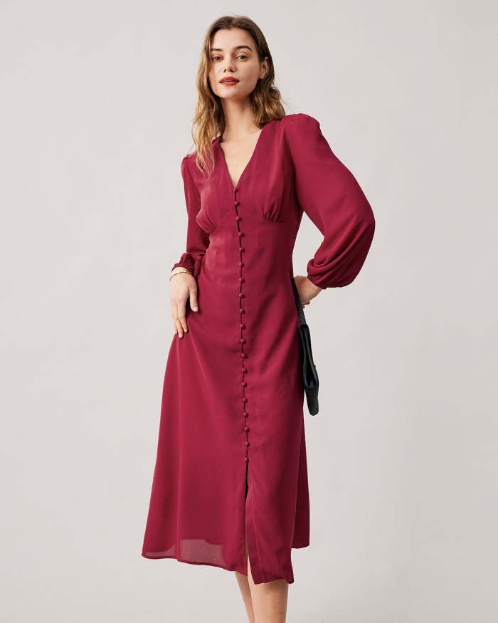 The Red V Neck Single-Breasted Long Sleeve Midi Dress