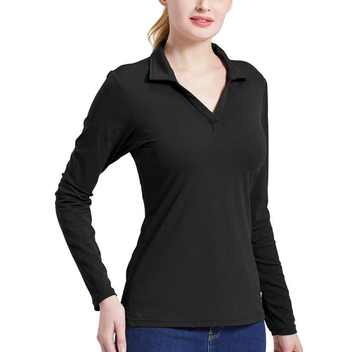 Women Polo Shirt Long Sleeve Golf Top Collared V Neck T-Shirt