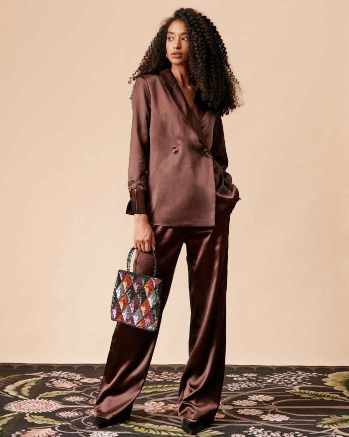 The Brown Solid Pleated Satin Straight Pants