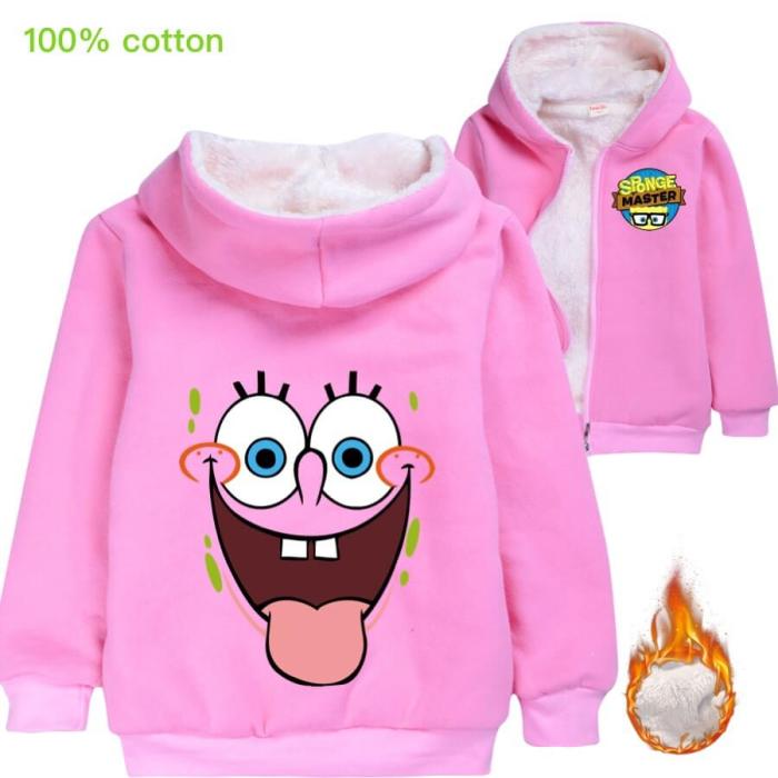 Boys Girls Spongebob Print Fleece Lined Zip Up Hooded Cotton Jacket