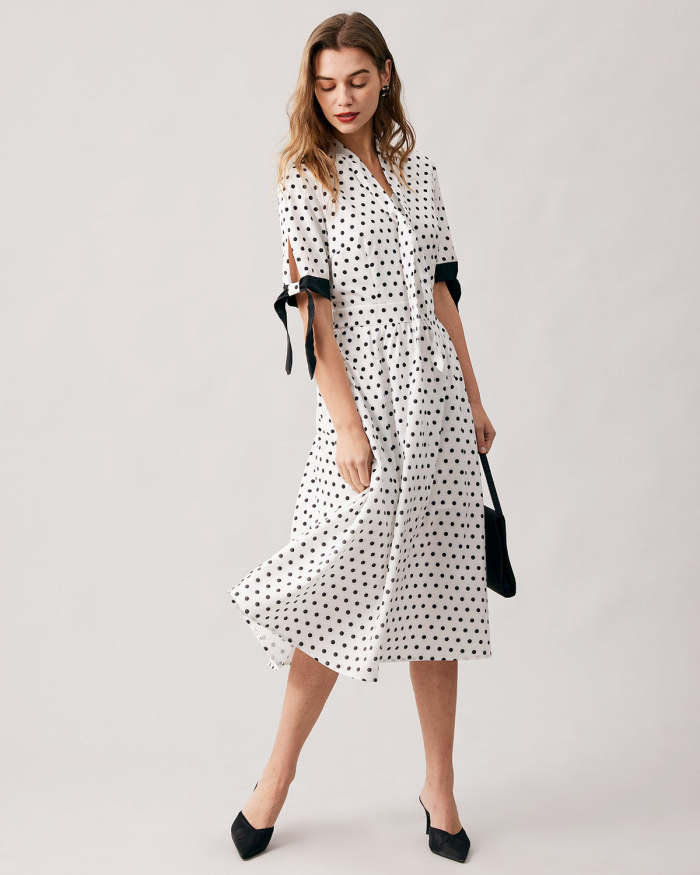 The Tie Neck Polka Dot Short Sleeve Midi Dress