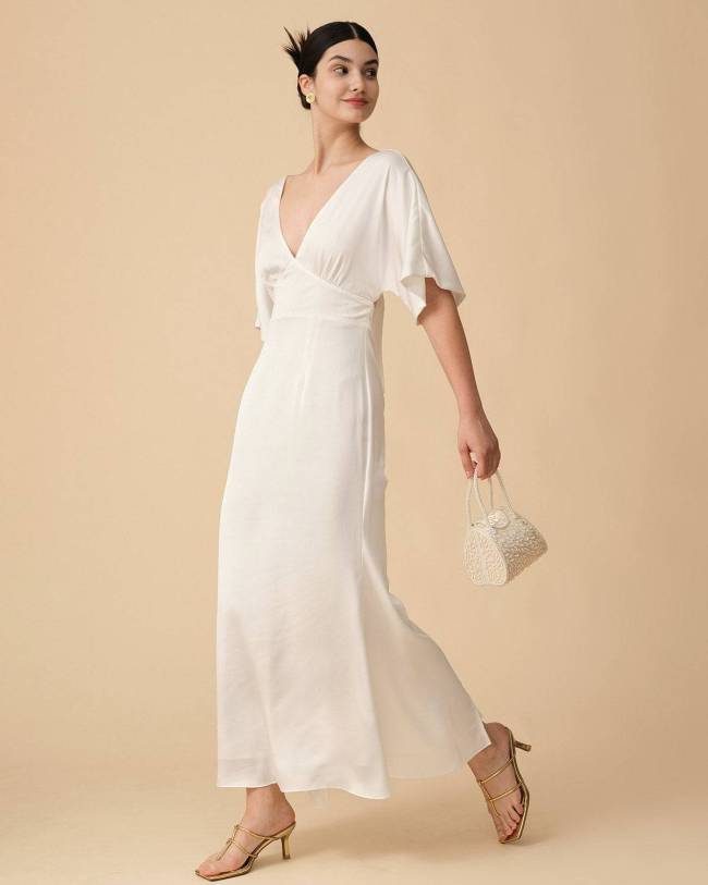 The Backless White Satin Maxi Dress