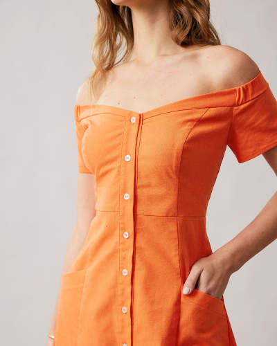 The Orange Button Up Off-The-Shoulder Midi Dress