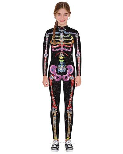 Boys Girls Rainbow Diamond Skeleton Catsuit Kids Halloween Costume