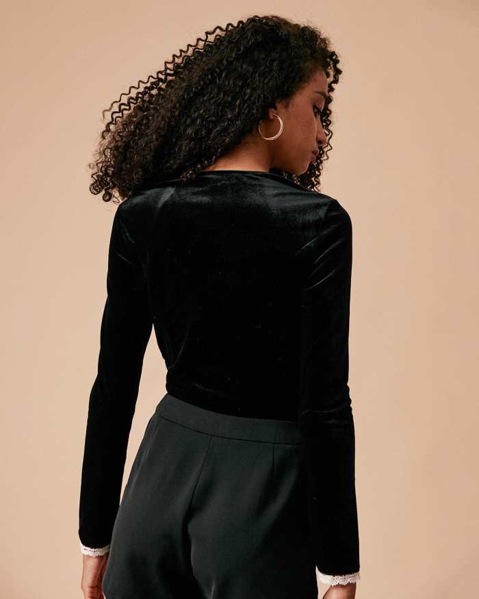 The Square Neck Lace Trim Velvet Blouse