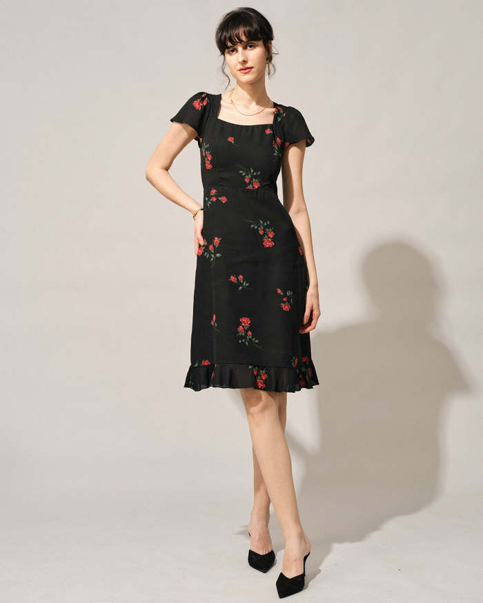The Square Neck Backless Floral Midi Dress