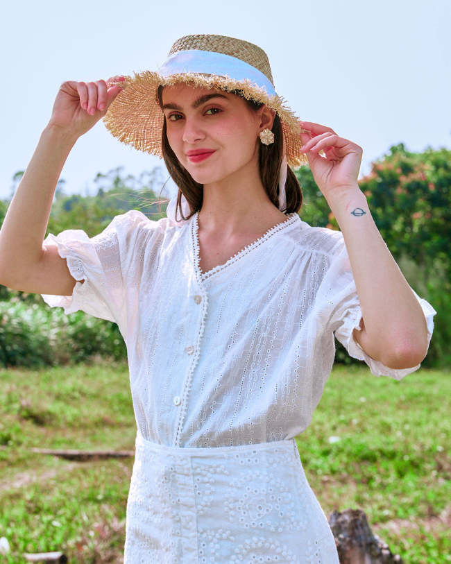 The White V Neck Lace Trim Puff Sleeve Blouse