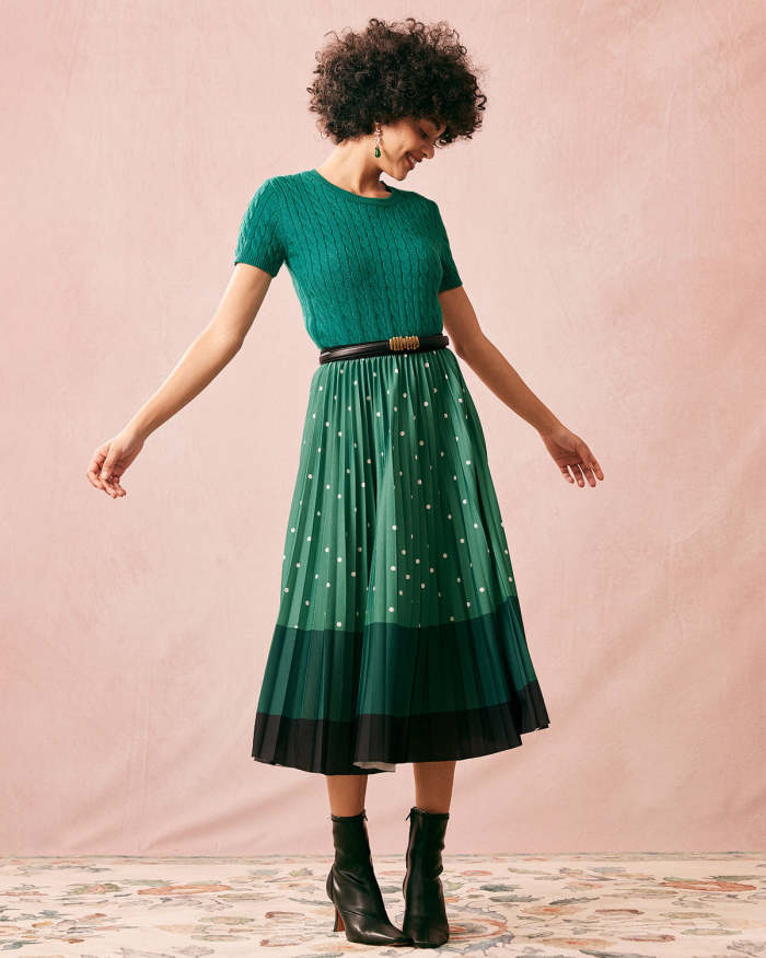The High Waisted Color Block Polka Dot Pleated Skirt