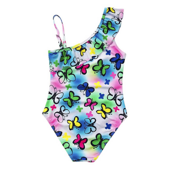 Girls Ruffle Strap Shoulder Rainbow Butterfly Print One Piece Swimsuit
