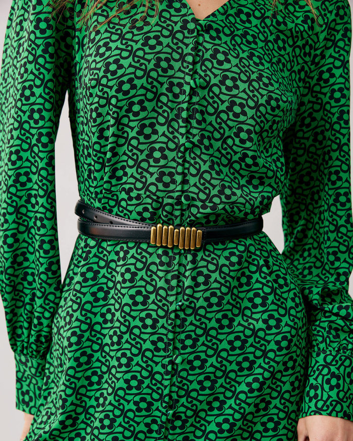 The Green V Neck Floral Long Sleeve Midi Dress