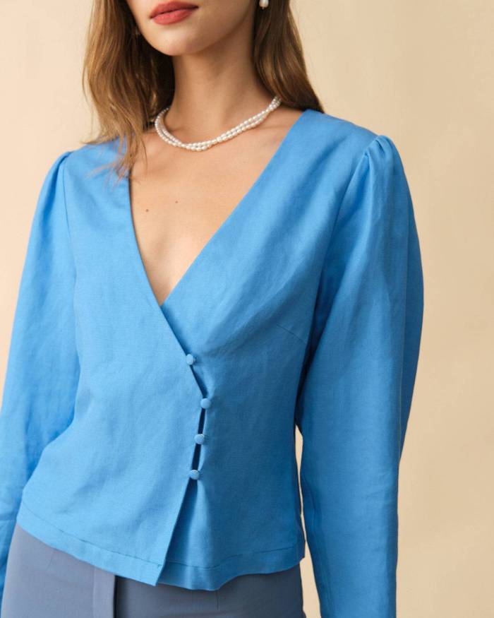 The Solid Color Puff Sleeve Wrap Blouse