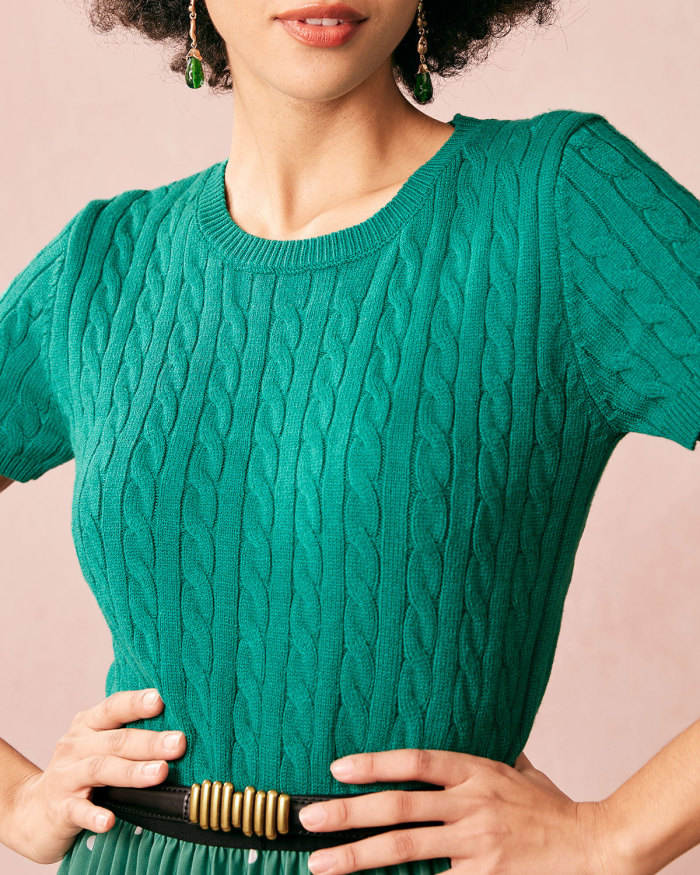 The Green Round Neck Short Sleeve Cable Sweater