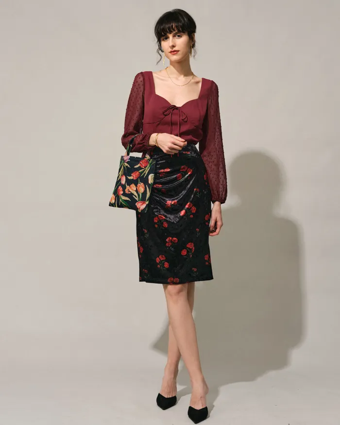 The Solid Sweetheart Neck Jacquard Long Sleeve Blouse
