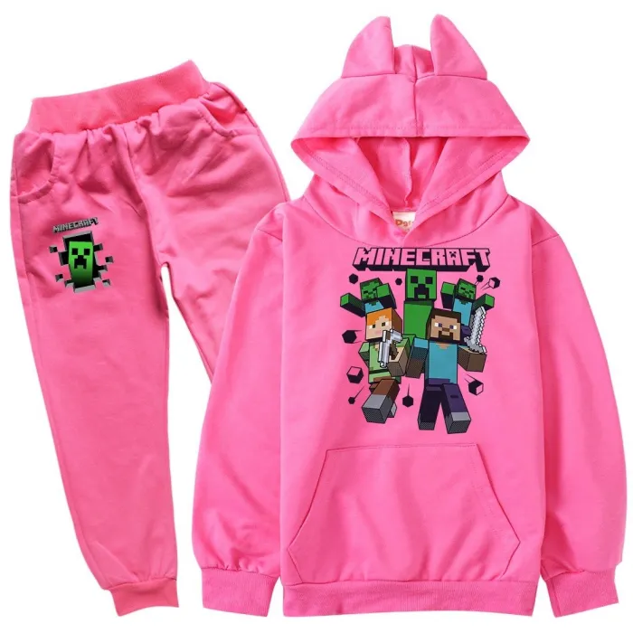 Minecraft Print Girls Boys Hooded Sweatshirt Pants Set Sportswear Suit