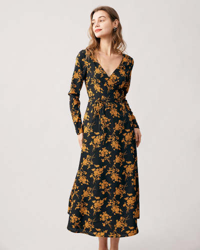 The Black V Neck Floral Long Sleeve Maxi Dress