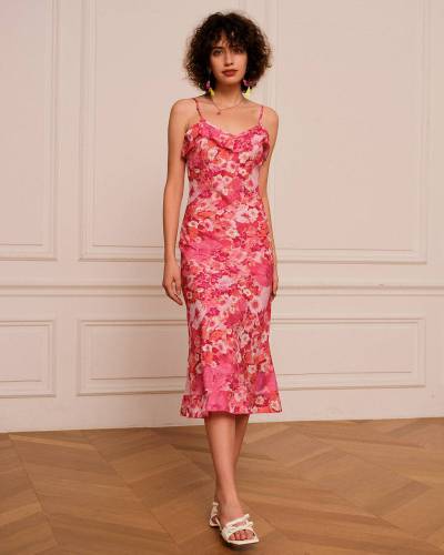 The V Neck Ruffle Floral Midi Dress
