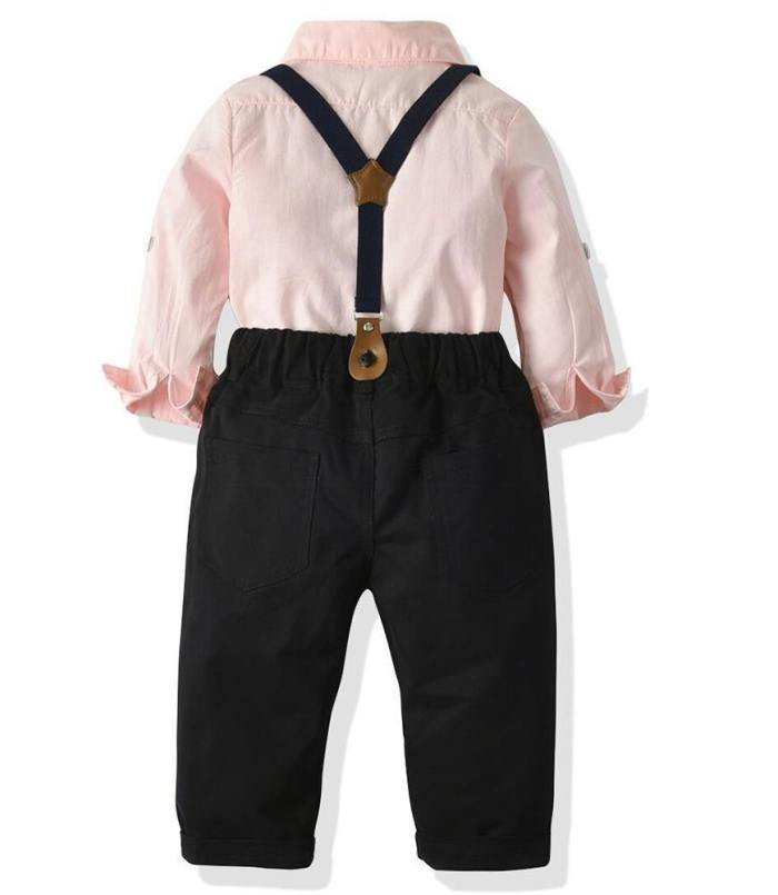 Boys Dressy Outfit Suit Pink Shirt Black Blazer And Suspender Pants