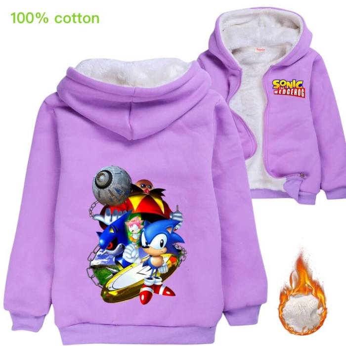 Boys Girls Sonic The Hedgehog Print Cotton Zip Up Lined Hooded Jacket