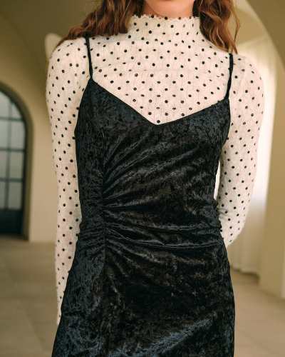 The Ruched Slit Velvet Sling Midi Dress