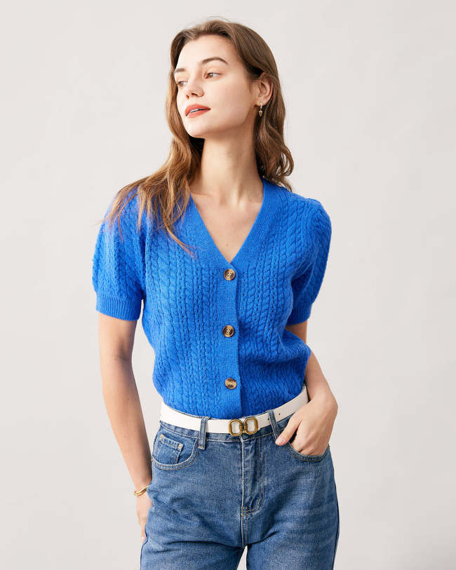 The Blue V Neck Cable Knit Short Sleeve Cardigan
