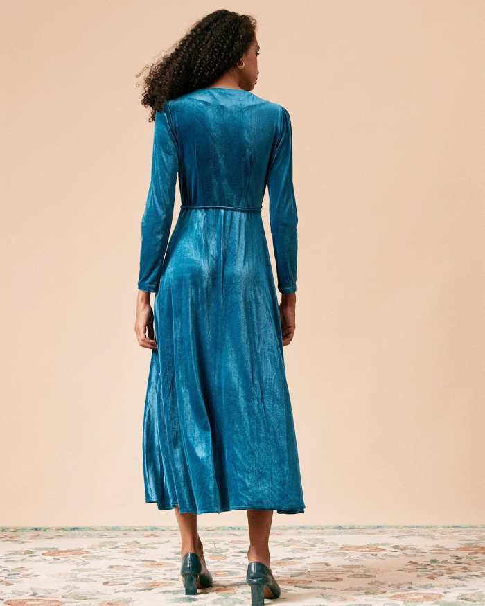 The Blue V Neck Long Sleeve Velvet Wrap Dress