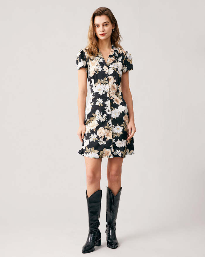 The Black Button Up Short Sleeve Floral Mini Dress