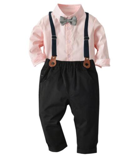 Boys Pink Cotton Shirt With Bow Tie And Suspender Pants Outfit Set