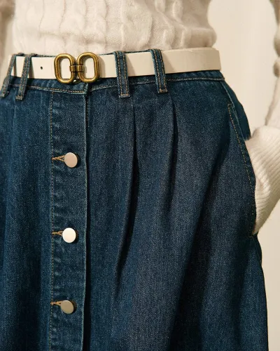 The Single-Breasted Pleated Denim Skirt