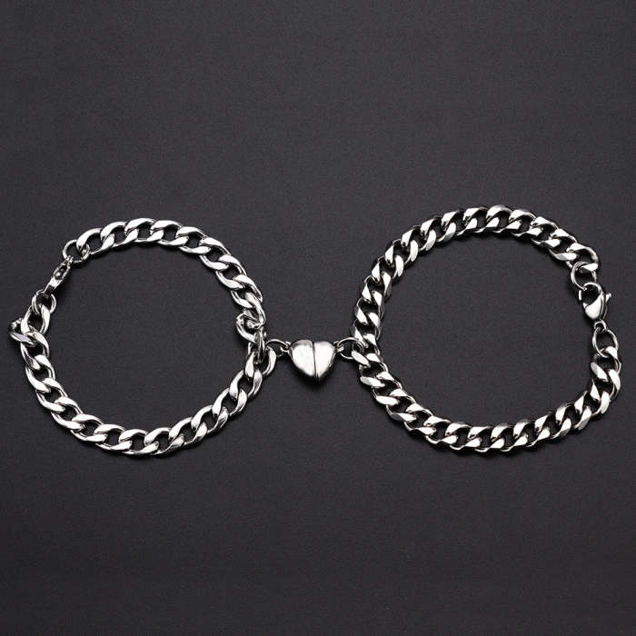 2Pcs/Set Heart Shaped Angel Wing Lock Key Magnetic Bracelet For Bffs Couples