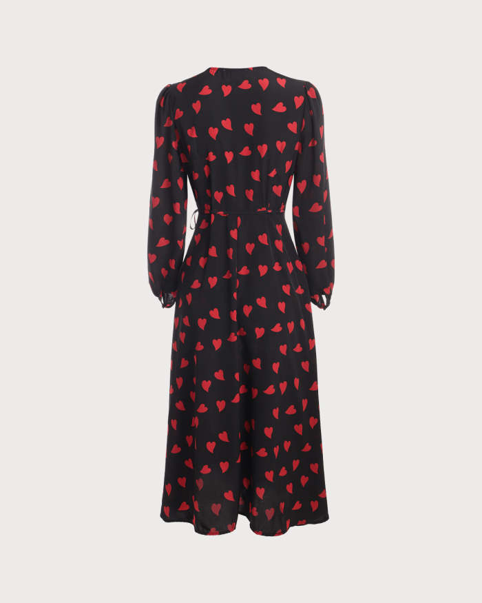 The Heart Print Long Sleeve Wrap Midi Dress