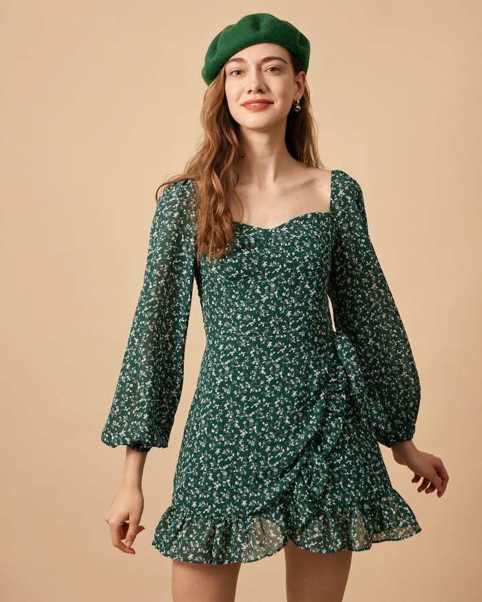 The Sweetheart Neck Long Sleeve Floral Mini Dress