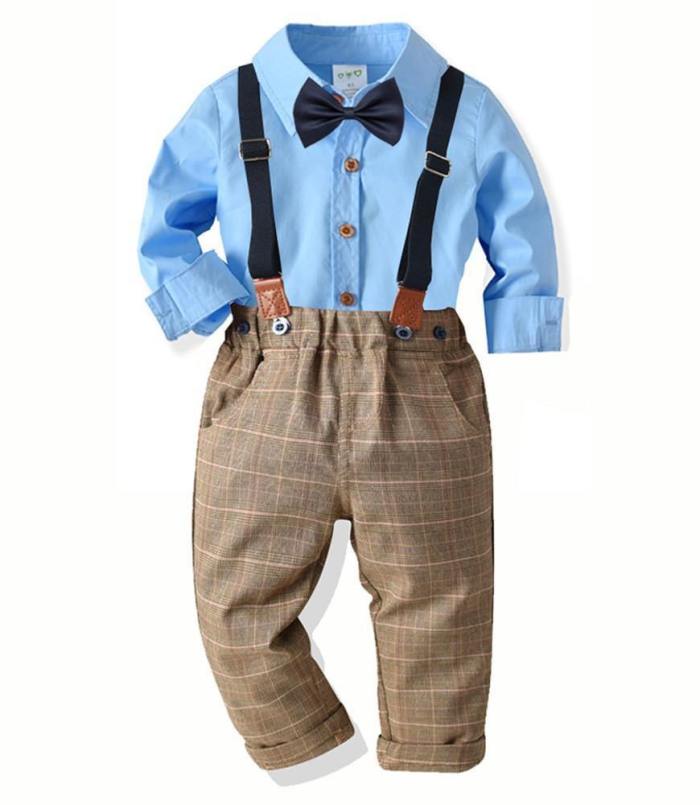 Boys Blue Bow-Tie Cotton Shirt And Checked Suspender Pants Outfit Set