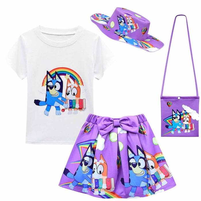 Bluey Cute Dogs Print Girls Summer T Shirt And Skirt Suit Set Costume