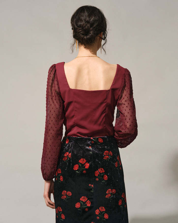 The Solid Sweetheart Neck Jacquard Long Sleeve Blouse