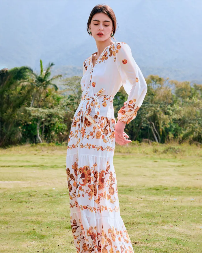 The V Neck Long Sleeve Floral Tiered Maxi Dress