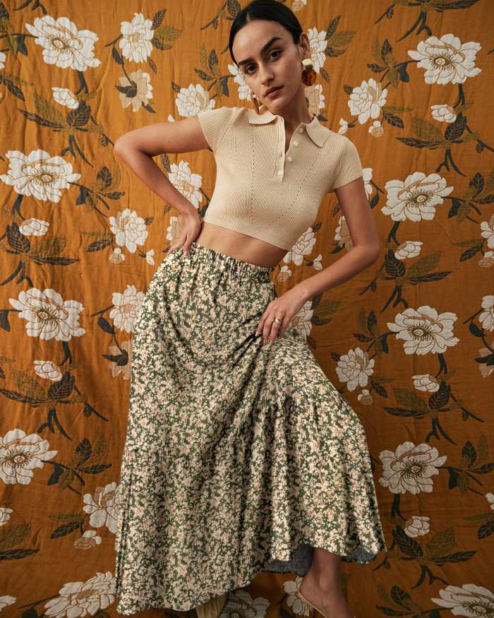 The Elasticized Waist Floral Midi Skirt