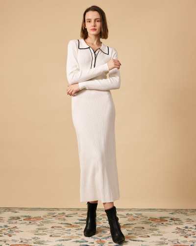 The Contrast Collared Ribbed Knit Midi Dress