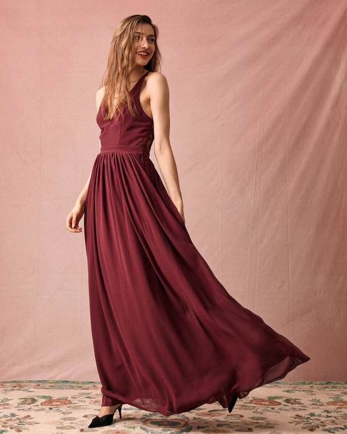 The Red Solid Lace Back Sling Maxi Dress